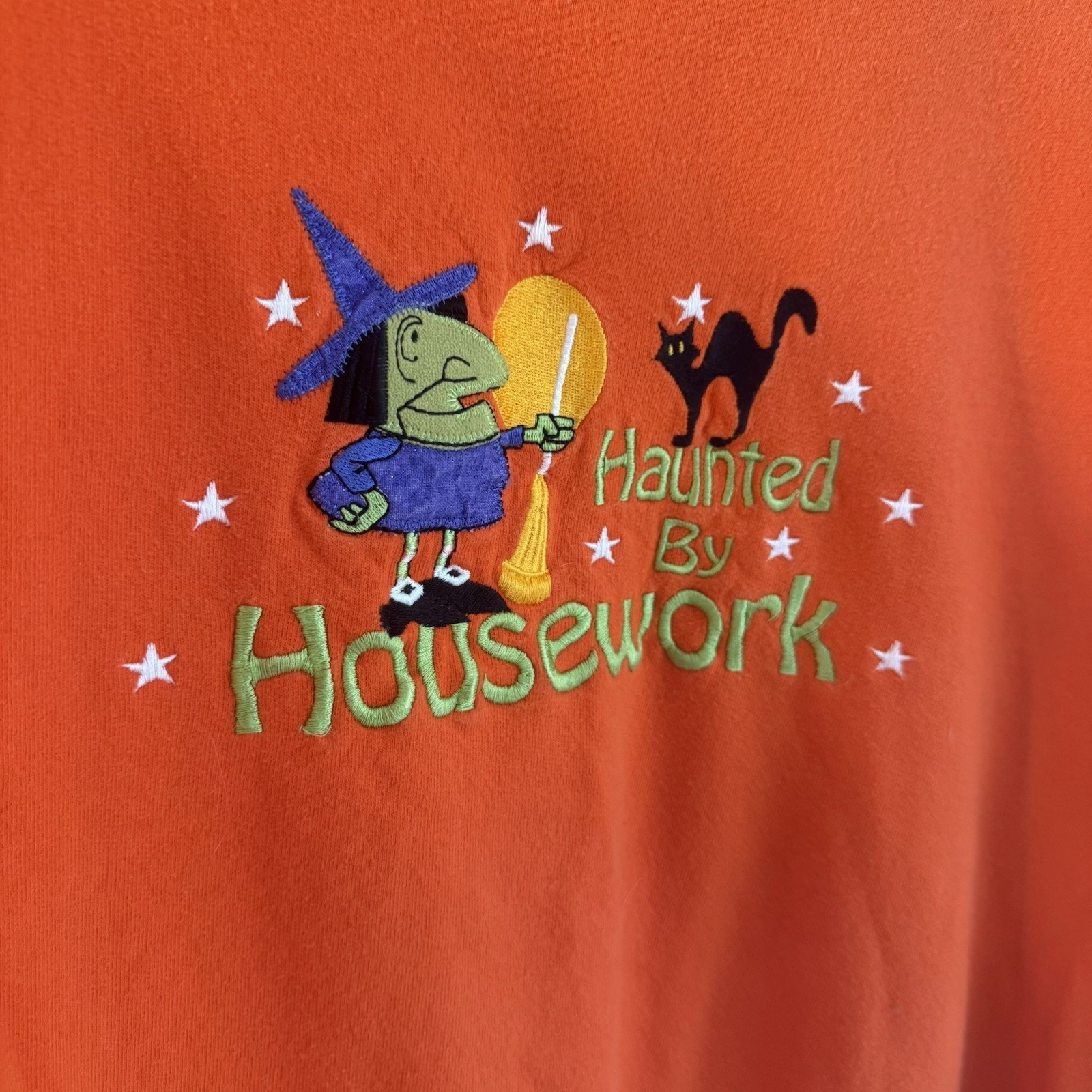 Vintage Halloween Sweatshirt Womens Orange 1 Xl Witch Black Cat Retro Stars Moon — image 4 of 7